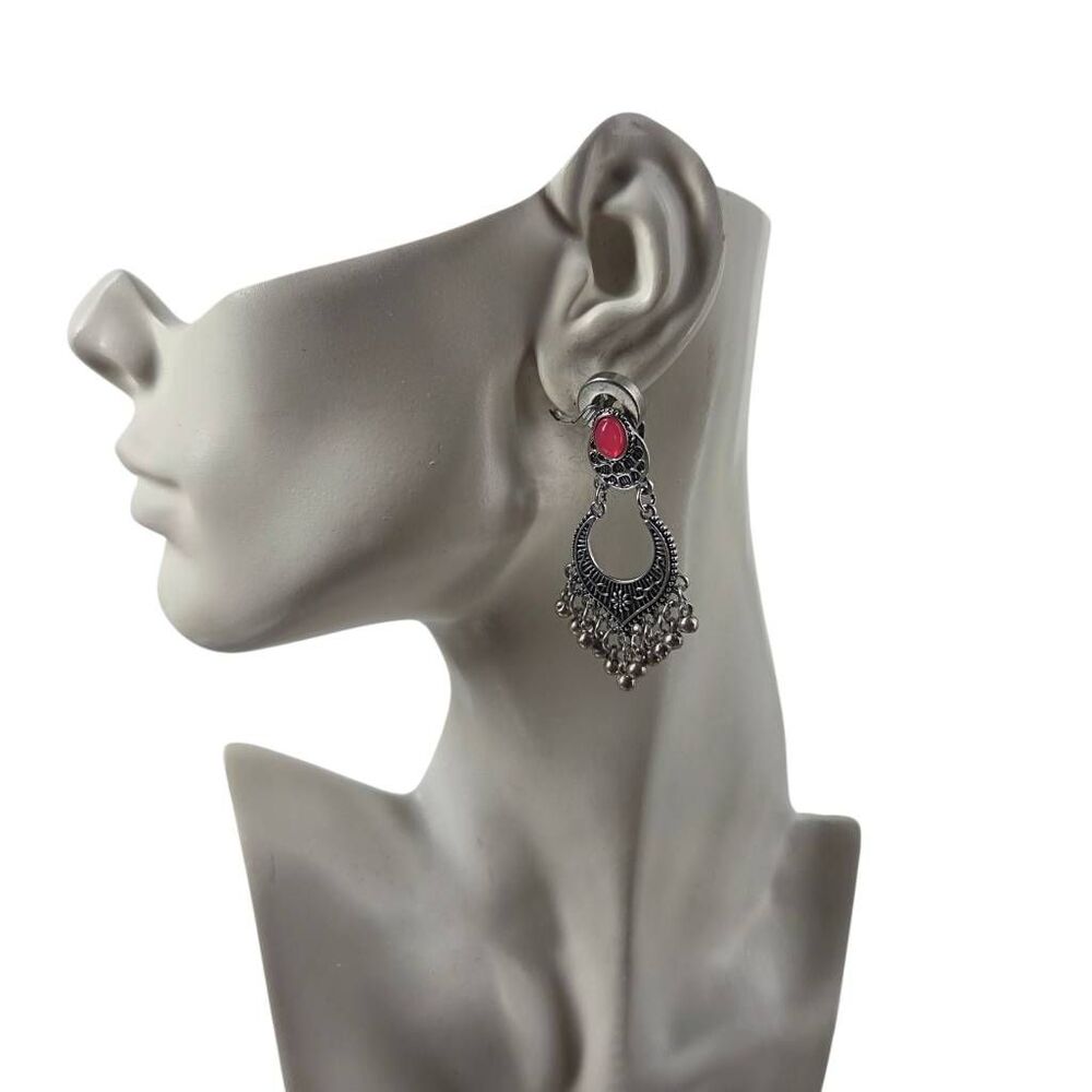 Pink Cabochon Silver Tone Statement Clip-On Earrings | Boho 2.32"